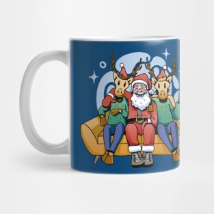 Funny Cartoon Santa Claus & Reindeer on the Couch Mug